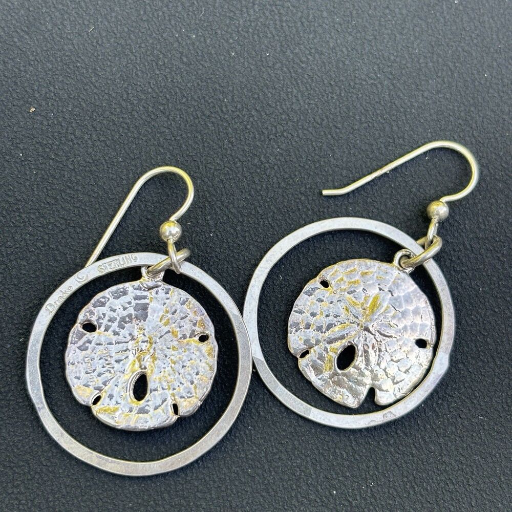 Drake Sterling Silver Sand Dollar Hoop Dangle Earrings Beach Ocean Nautical